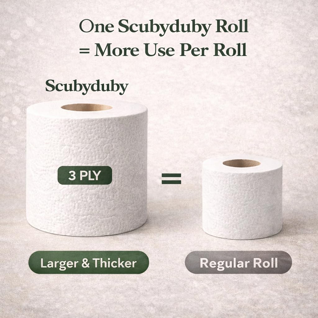 ScubyDuby  Bamboo Toilet Paper | 3-Ply, 350 Sheets | Soft & Strong | Plastic-Free & Septic Safe