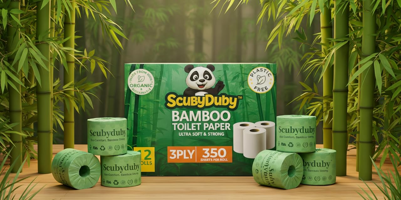 ScubyDuby  Bamboo Toilet Paper | 3-Ply, 350 Sheets | Soft & Strong | Plastic-Free & Septic Safe