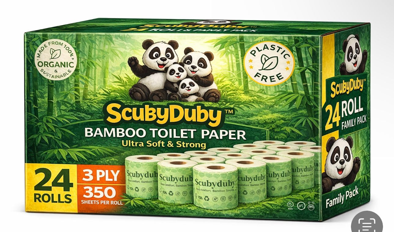 ScubyDuby  Bamboo Toilet Paper | 3-Ply, 350 Sheets | Soft & Strong | Plastic-Free & Septic Safe