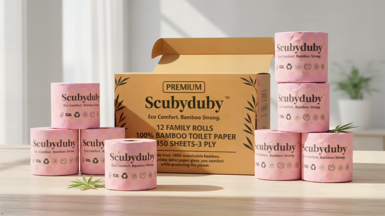 Eco Comfort Pack Bamboo Toilet Paper – 350 Sheets per Roll, 3-Ply Soft & Strong, (PREMIUM WHITE, 12 Rolls)