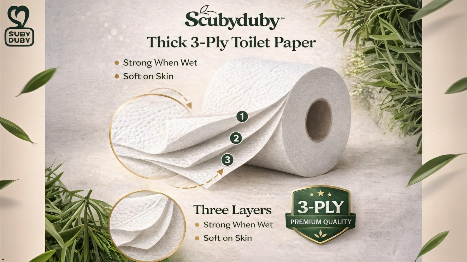 ScubyDuby  Bamboo Toilet Paper | 3-Ply, 350 Sheets | Soft & Strong | Plastic-Free & Septic Safe