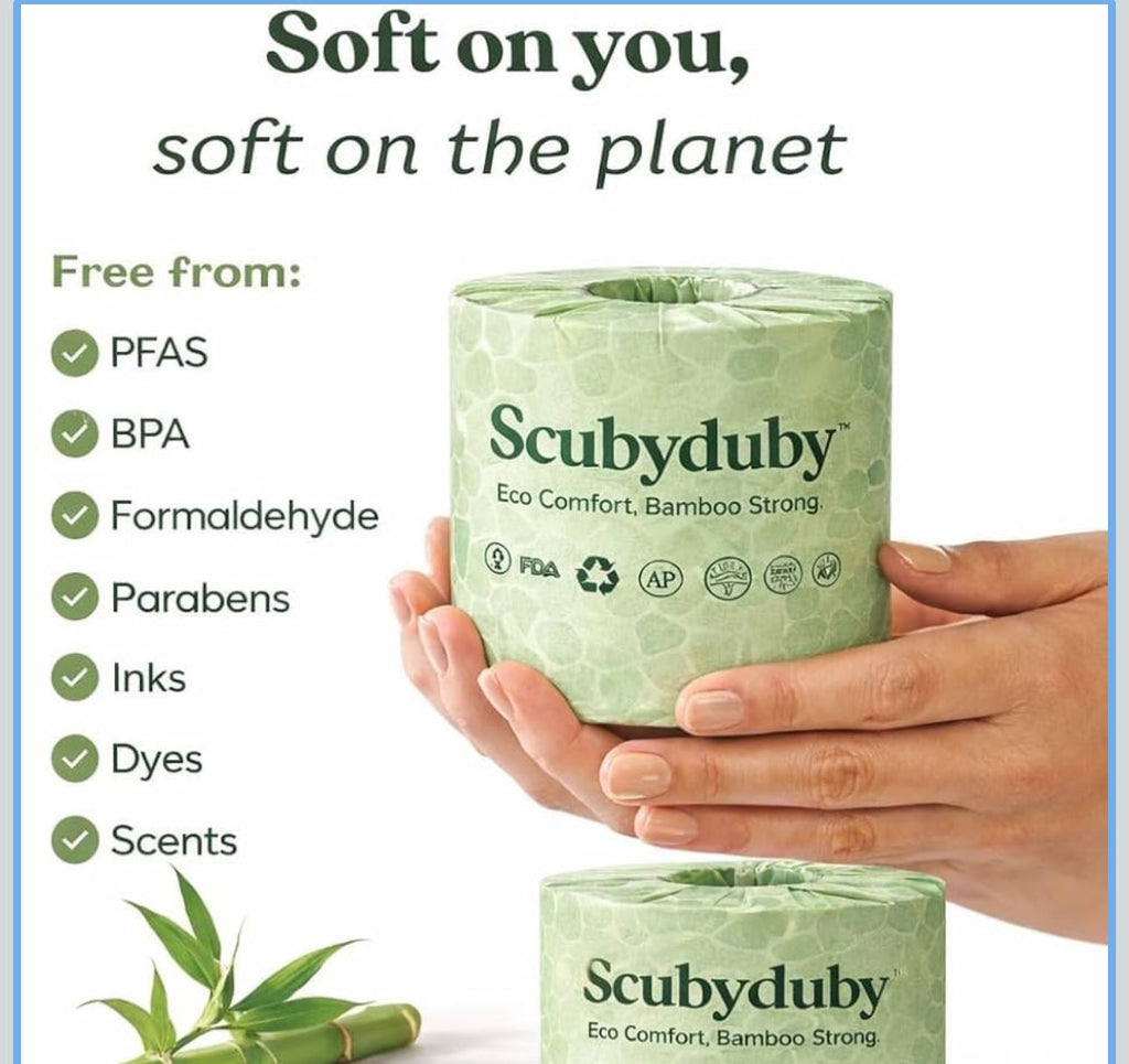 ScubyDuby  Bamboo Toilet Paper | 3-Ply, 350 Sheets | Soft & Strong | Plastic-Free & Septic Safe