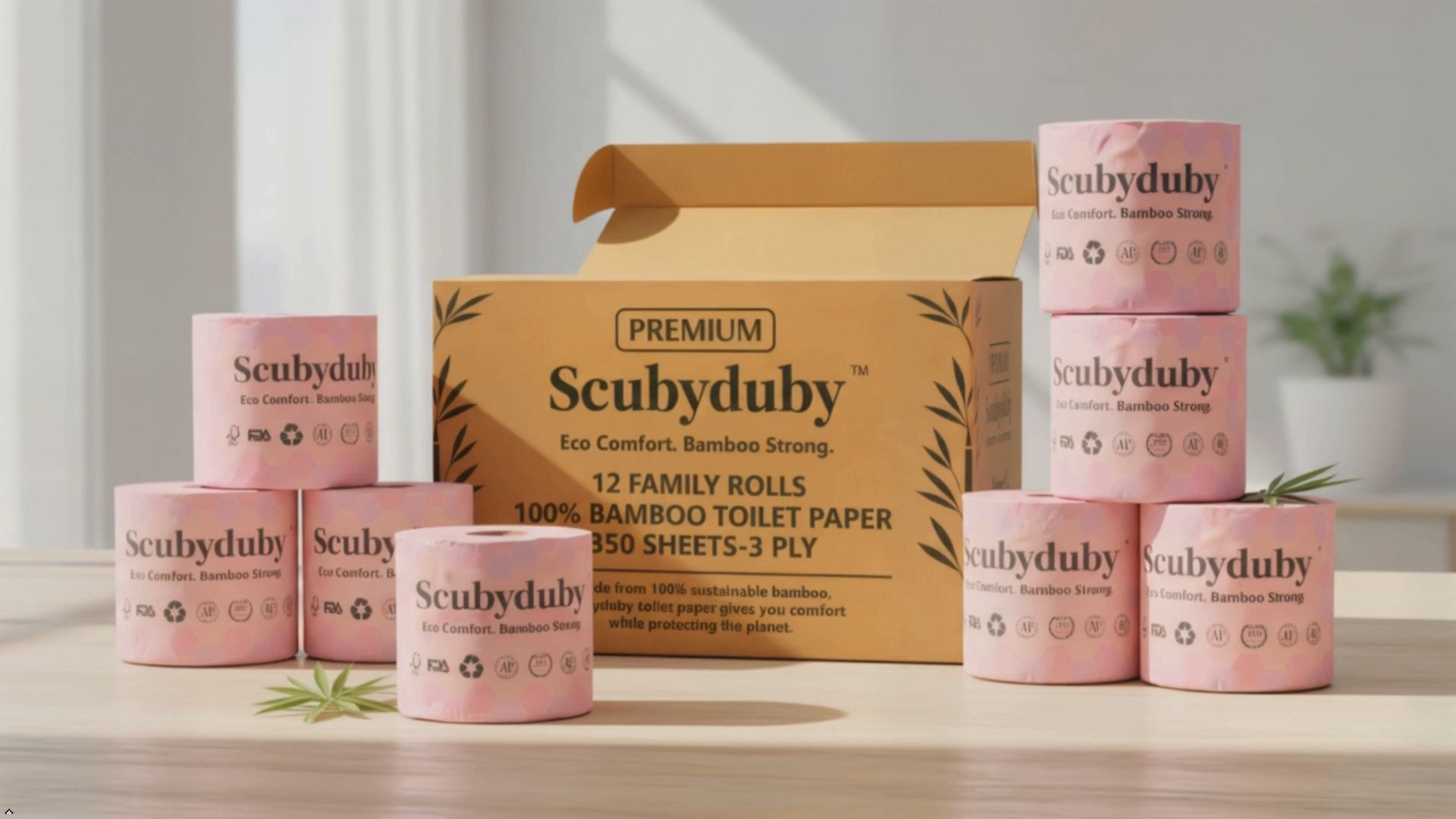 ScubyDuby Premium Bamboo Toilet Paper – 350 Sheets per Roll, 3-Ply Soft & Strong